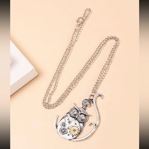 🦉 Awesome Metallic Steampunk Owl Bird Rhinestone Crescent Moon Necklace 🦉